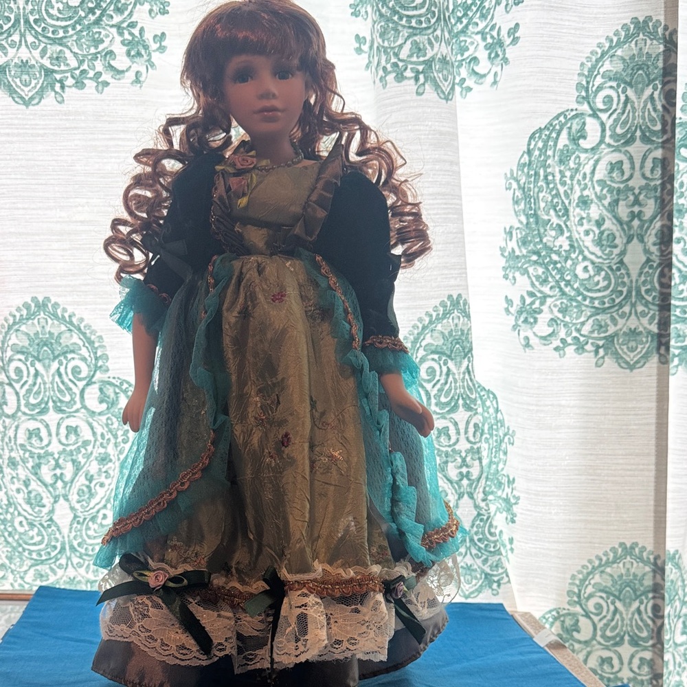 Vintage Collectible Doll with Elegant  Dress with Stand